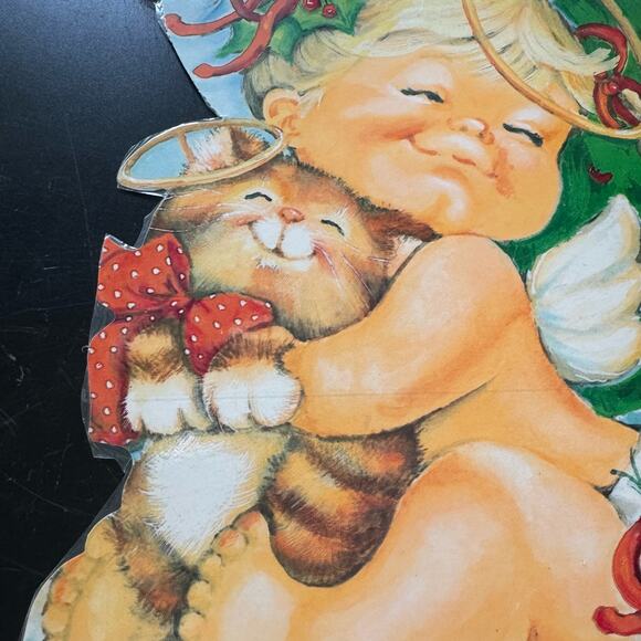 Vintage Eureka USA Baby Christmas Angel Kitty Cat Paper Cut Out 10x16" 2 Sided - Picture 7 of 12